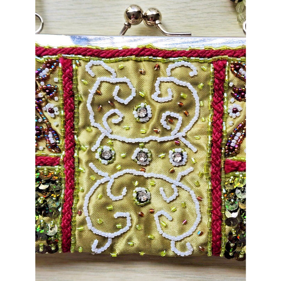 BEADED PURSE-Small-Beaded Handle-Green-Sequins-Evening Bag-Bling-Unique - Picture 2 of 16